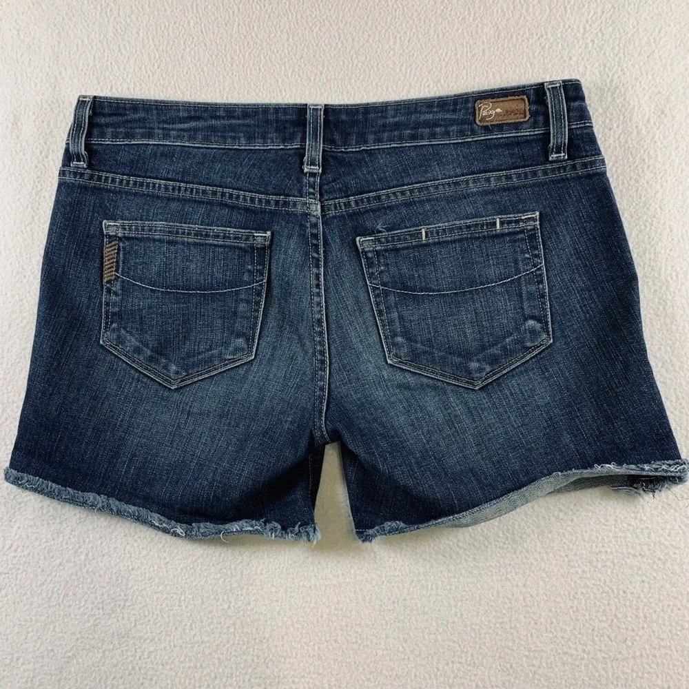 Paige Denim Shorts Women's Size 26 Dark Wash Blue Low‎ Rise Raw Hem 5